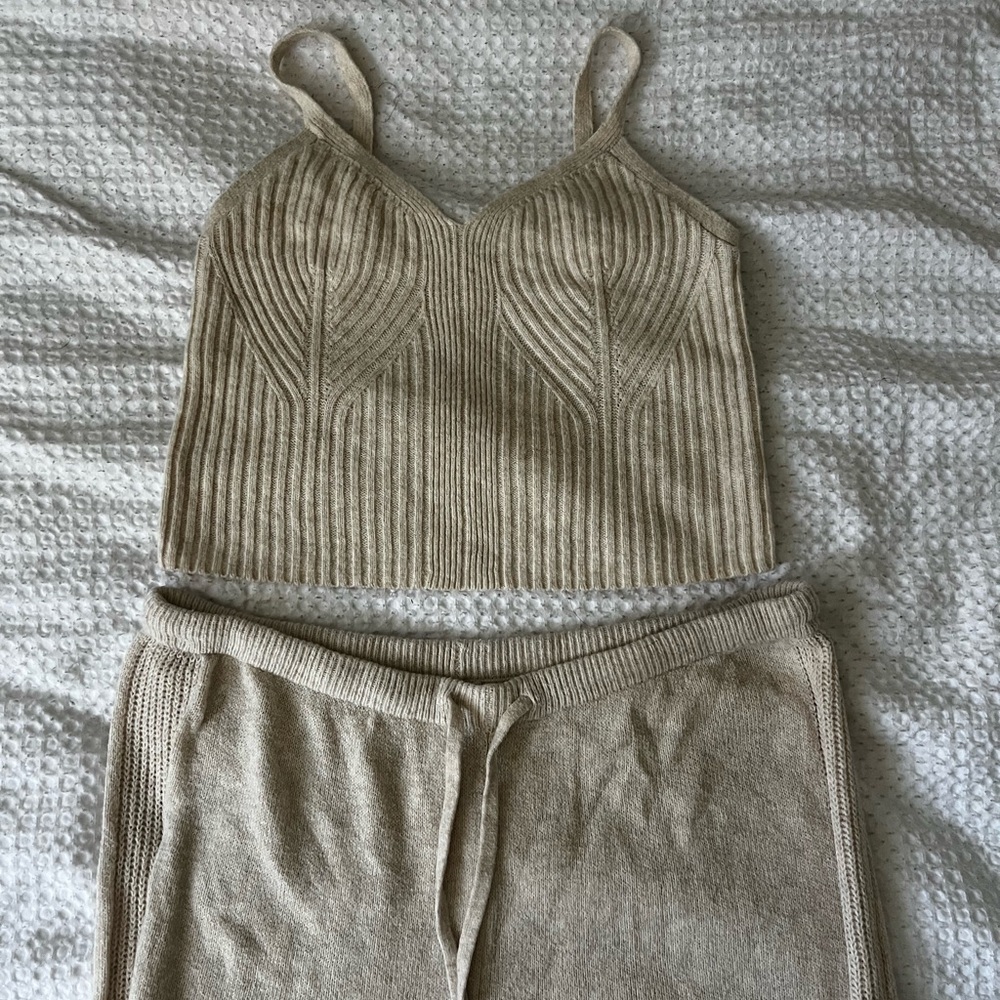Beige 2-Piece Matching Set | Wide Leg Pants + Crop Tank | Size 2XL